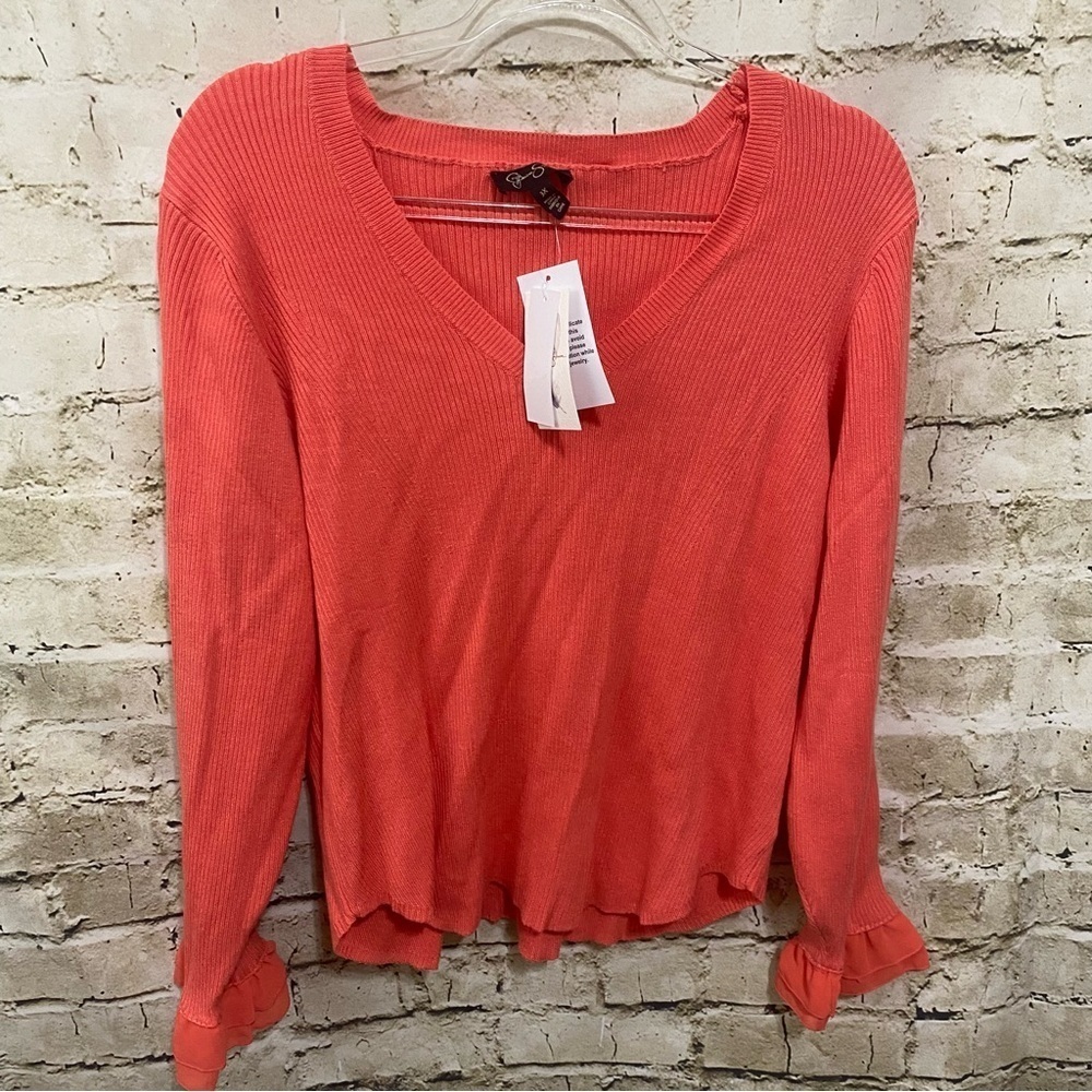 NWT Jessica Simpson Coral V Neck Ribbed Chiffon Trim Soft Stretch Sweater